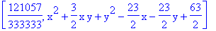 [121057/333333, x^2+3/2*x*y+y^2-23/2*x-23/2*y+63/2]